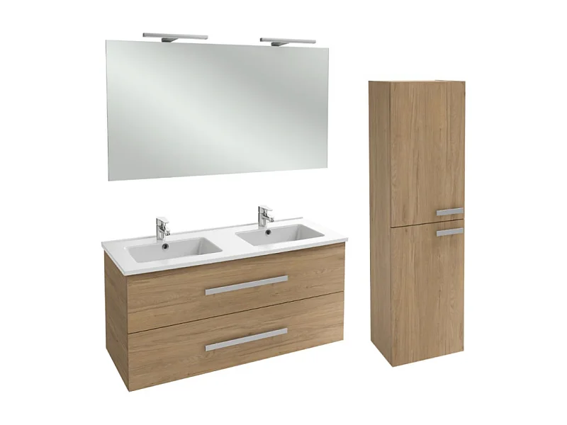 Meuble double vasque 120 cm JACOB DELAFON Ola Up chêne + colonne + miroir et spots