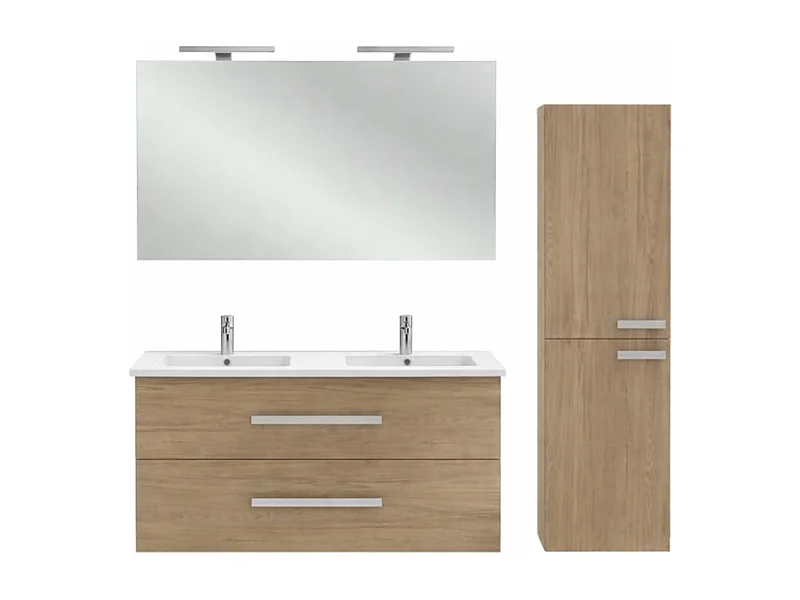 Meuble double vasque 120 cm JACOB DELAFON Ola Up chêne + colonne + miroir et spots