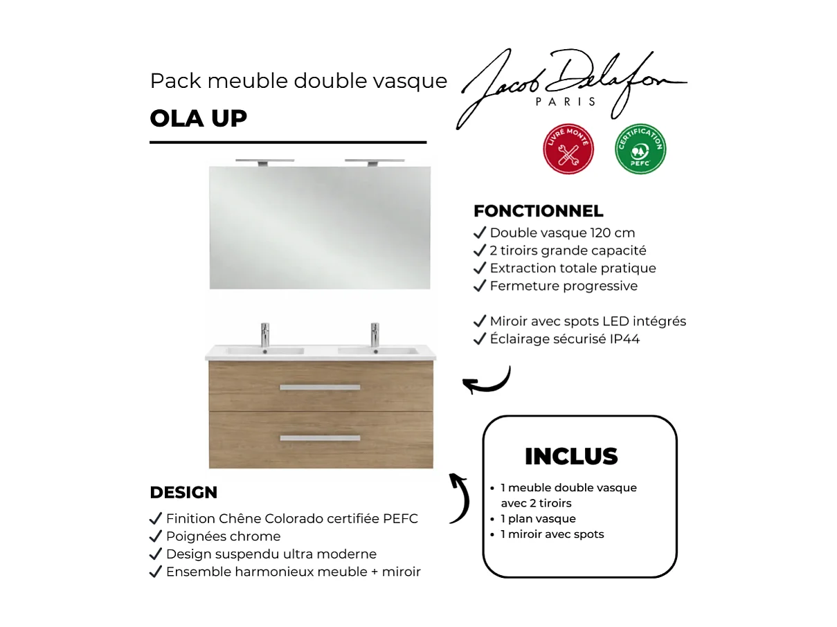 Meuble double vasque 120 cm JACOB DELAFON Ola Up chêne colorado avec miroir et spot
