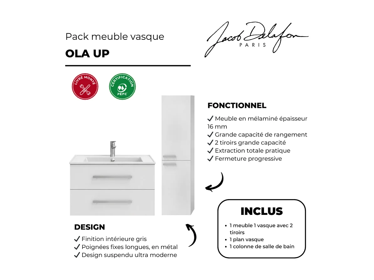Pack meuble vasque 100 cm JACOB DELAFON Ola up blanc + colonne