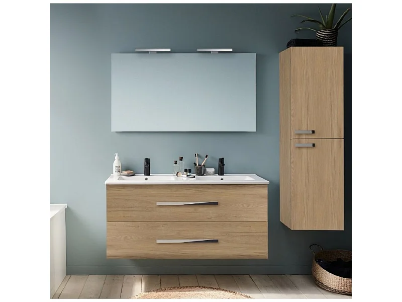 Meuble double vasque 120 cm JACOB DELAFON Ola up + colonne de salle de bain chêne
