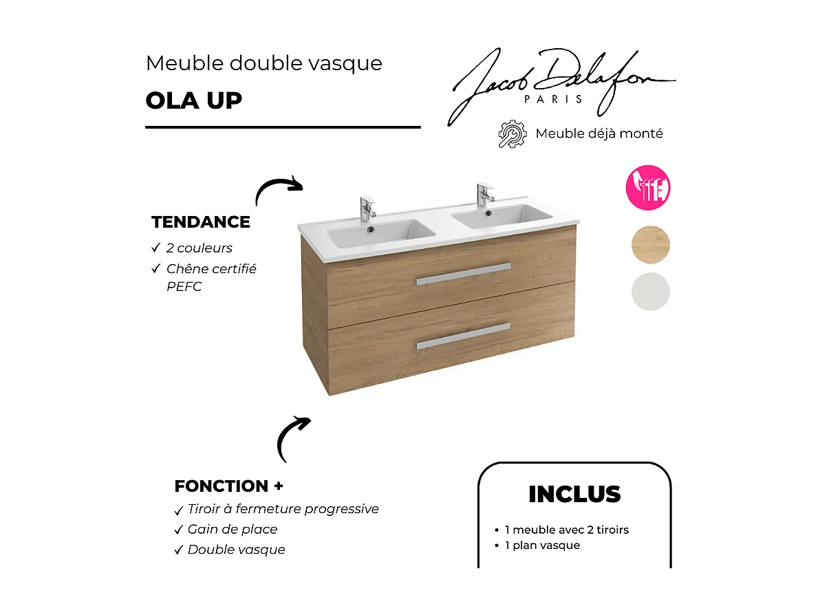 Meuble double vasque 120 cm JACOB DELAFON Ola up + colonne de salle de bain chêne