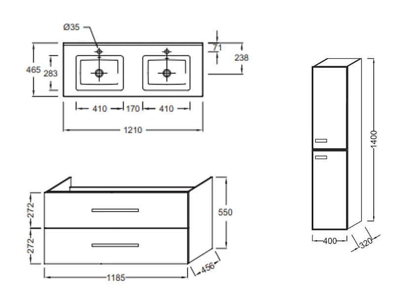 Meuble double vasque 120 cm JACOB DELAFON Ola up + colonne de salle de bain chêne