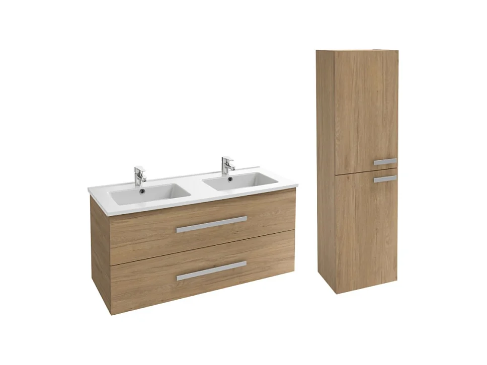 Meuble double vasque 120 cm JACOB DELAFON Ola up + colonne de salle de bain chêne