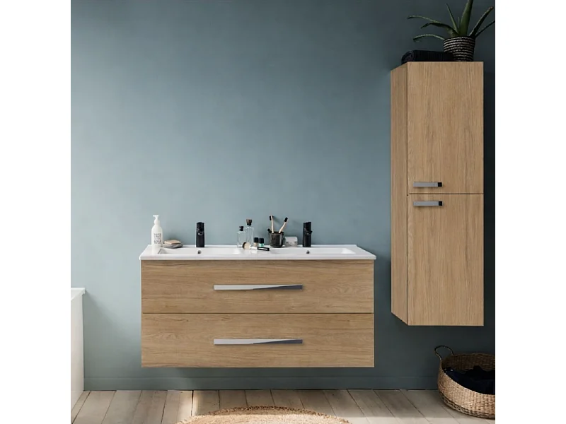 Meuble double vasque 120 cm JACOB DELAFON Ola up + colonne de salle de bain chêne