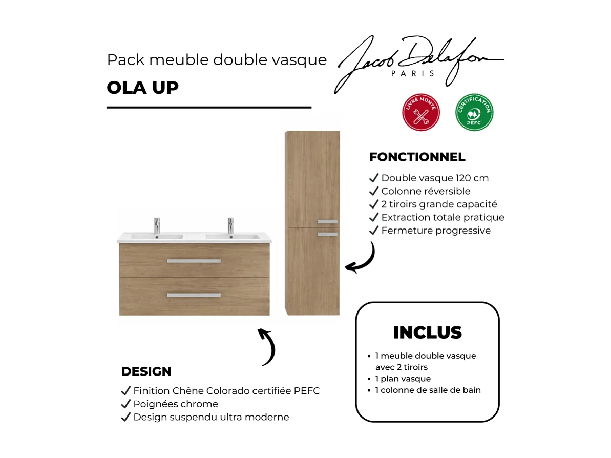 Meuble double vasque 120 cm JACOB DELAFON Ola up + colonne de salle de bain chêne