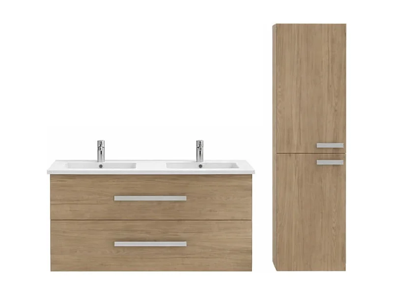 Meuble double vasque 120 cm JACOB DELAFON Ola up + colonne de salle de bain chêne