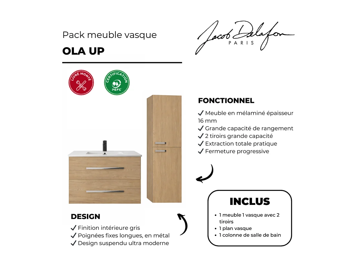 Pack meuble vasque 100 cm JACOB DELAFON Ola up chêne + colonne