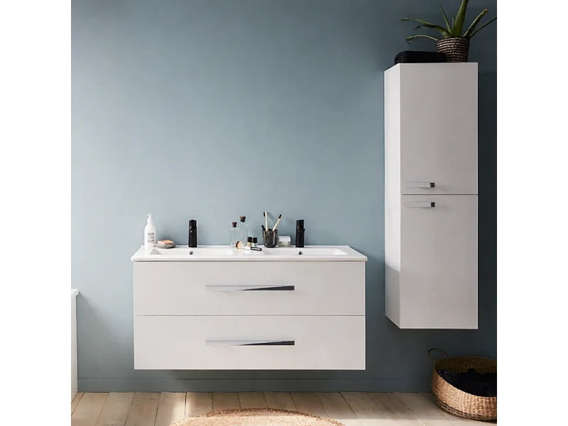 Meuble double vasque 120 cm JACOB DELAFON Ola up + colonne de salle de bain blanc