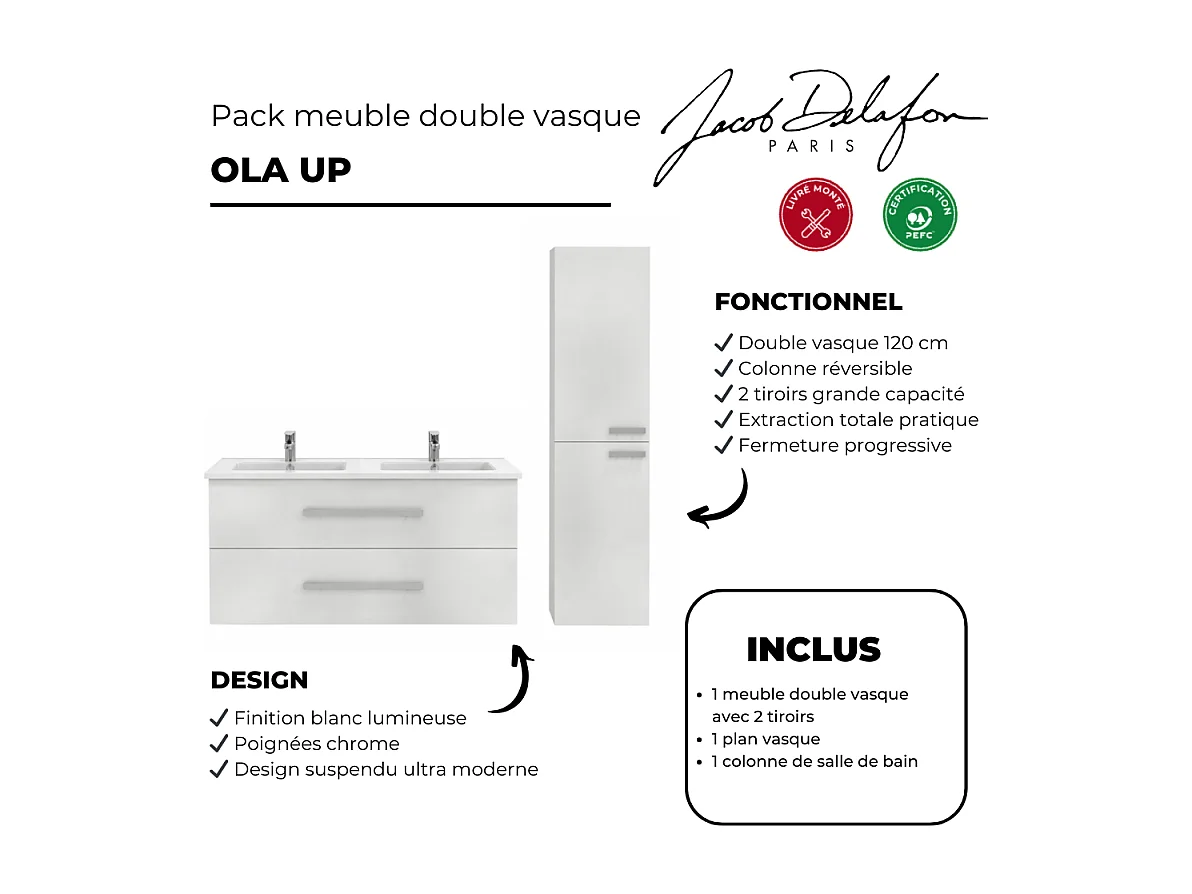 Meuble double vasque 120 cm JACOB DELAFON Ola up + colonne de salle de bain blanc