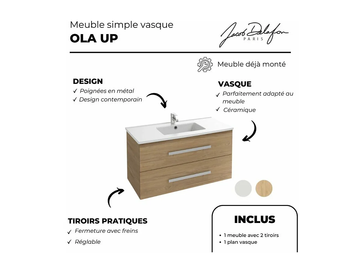 Pack meuble vasque 80 cm JACOB DELAFON Ola up chêne + colonne + miroir + spot