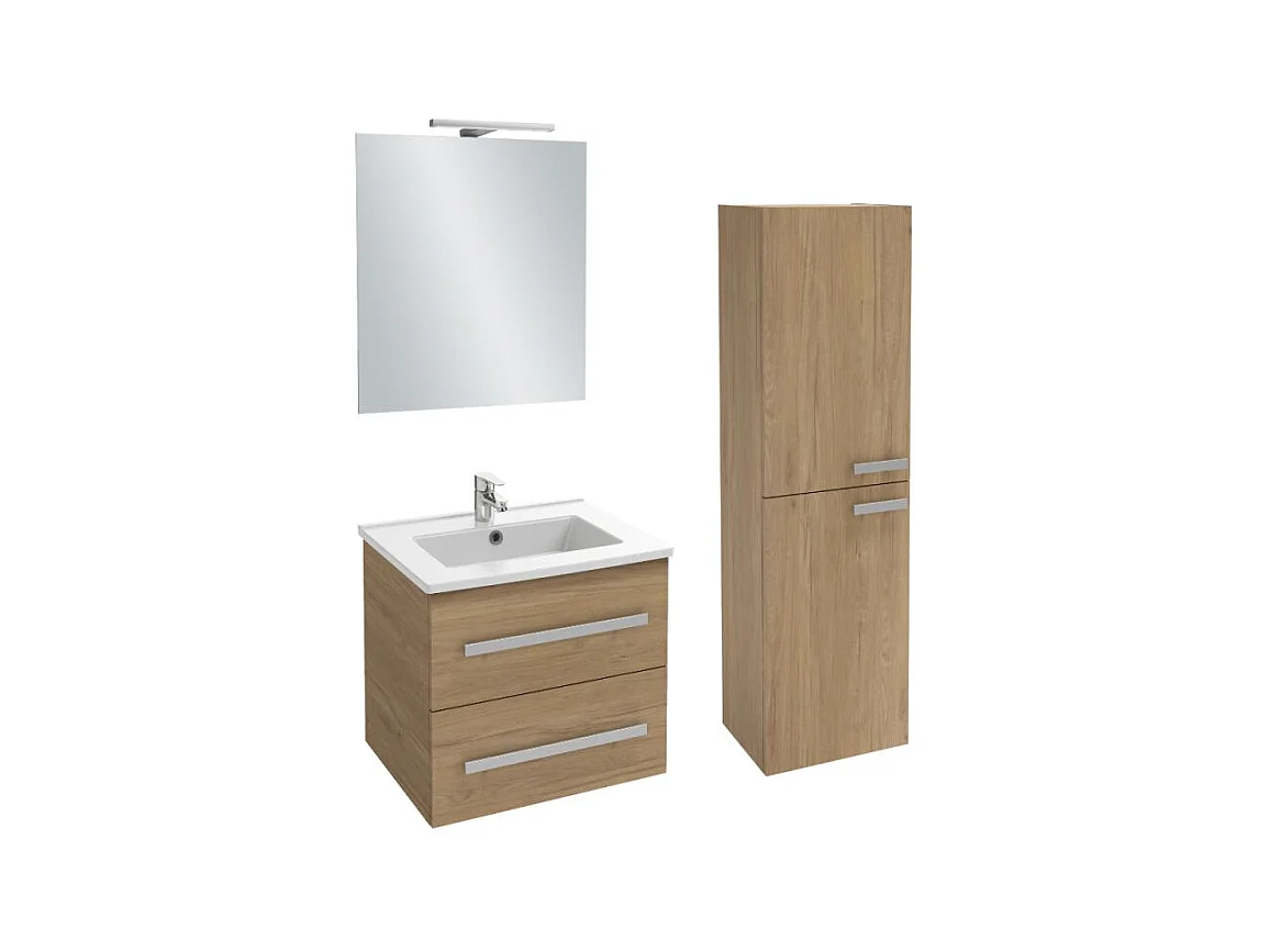 Pack meuble vasque 60 cm JACOB DELAFON Ola up chêne + colonne + miroir + spot