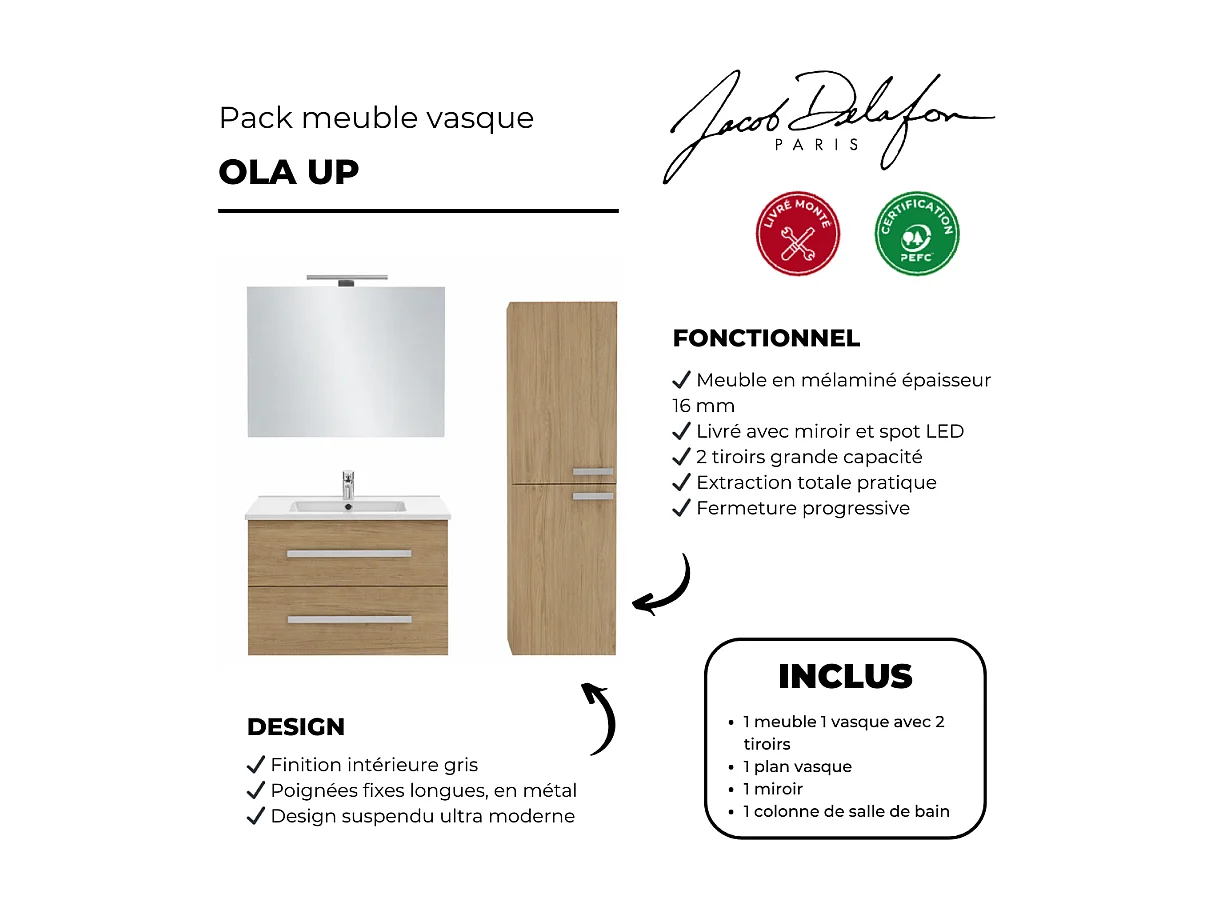 Pack meuble vasque 60 cm JACOB DELAFON Ola up chêne + colonne + miroir + spot
