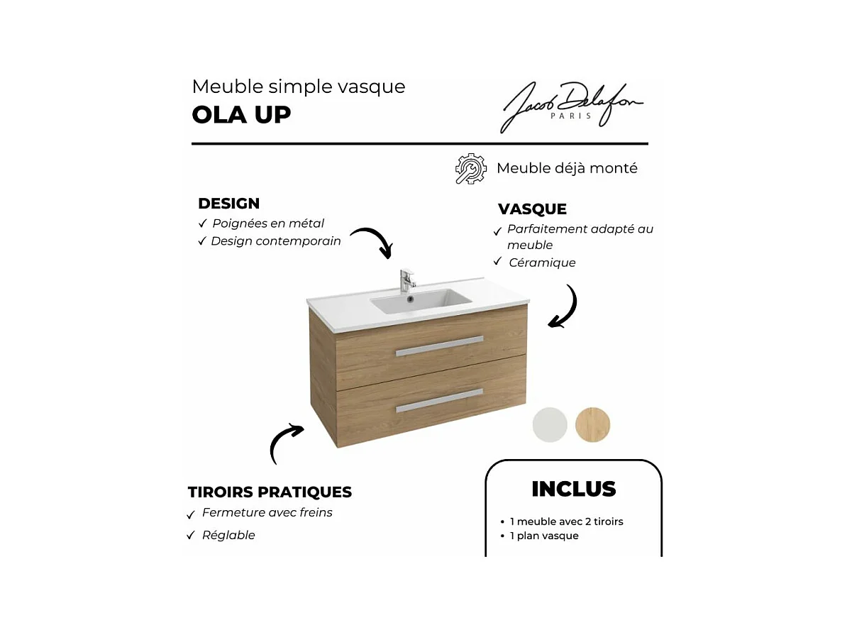 Pack meuble vasque 80 cm JACOB DELAFON Ola up chêne + miroir + spot