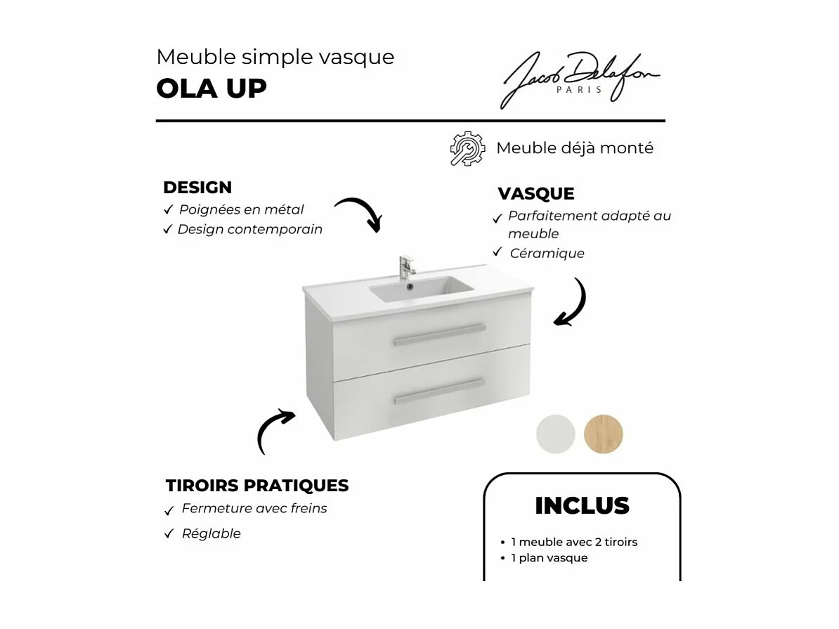Pack meuble vasque 60 cm JACOB DELAFON Ola up blanc + miroir + spot