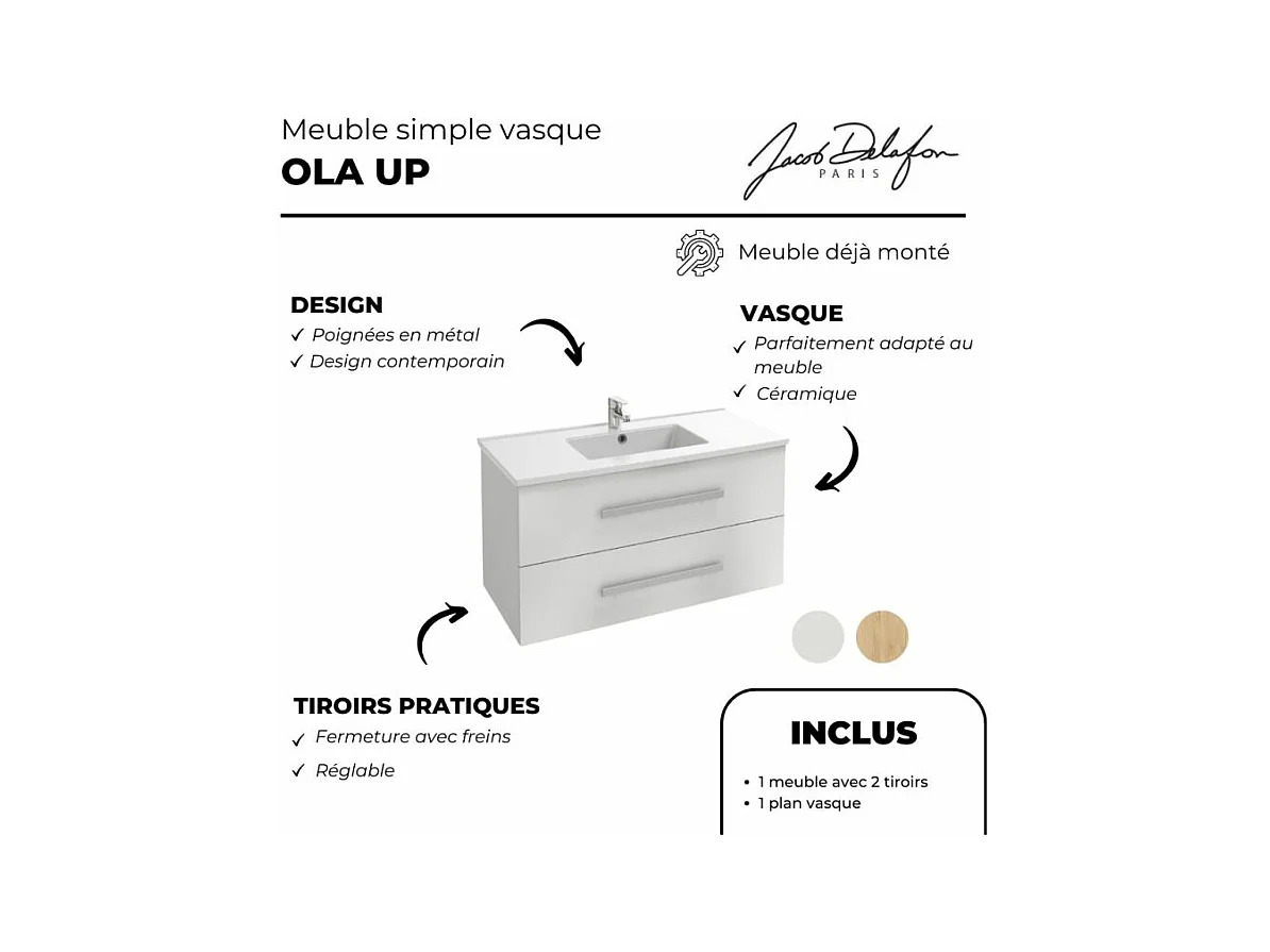 Pack meuble vasque 60 cm JACOB DELAFON Ola up blanc + miroir + spot