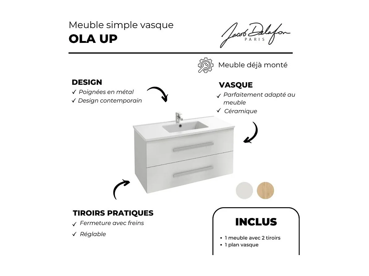 Pack meuble vasque 60 cm JACOB DELAFON Ola up blanc + miroir + spot