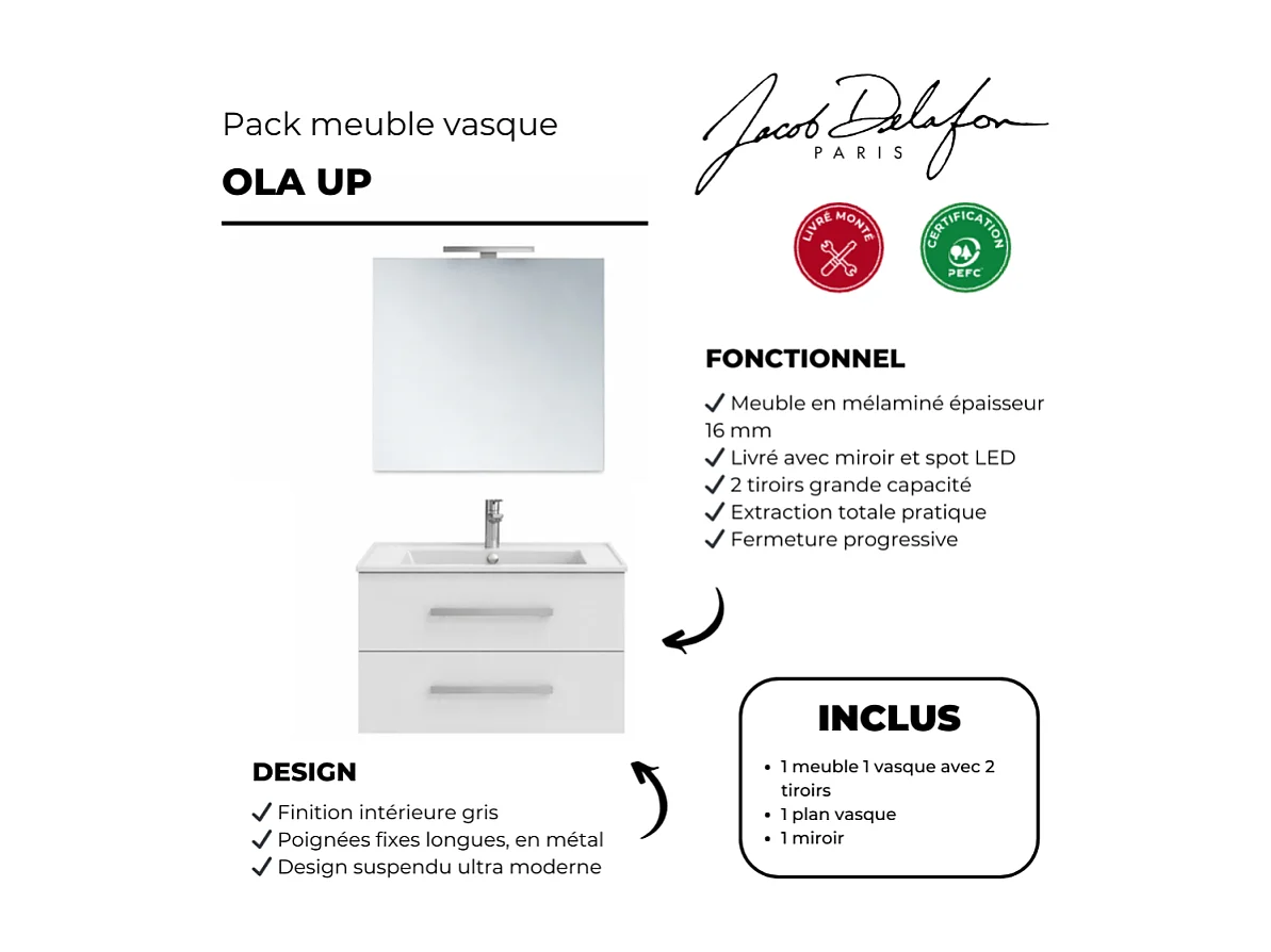 Pack meuble vasque 80 cm JACOB DELAFON Ola up blanc + miroir + spot