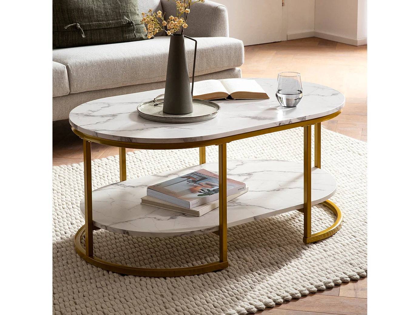 Couchtisch 100x60x45 cm Weiß mit Marmor Optik, Design Wohnzimmertisch Rechteckig, Lounge Sofatisch