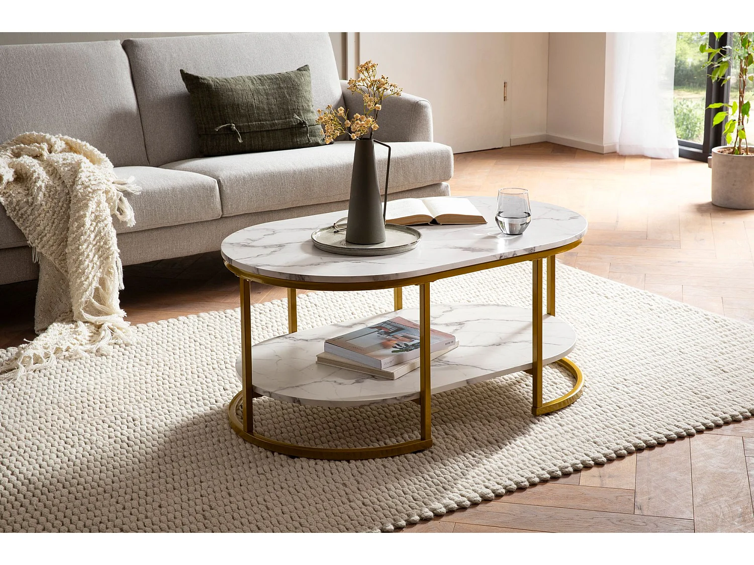 Couchtisch 100x60x45 cm Weiß mit Marmor Optik, Design Wohnzimmertisch Rechteckig, Lounge Sofatisch