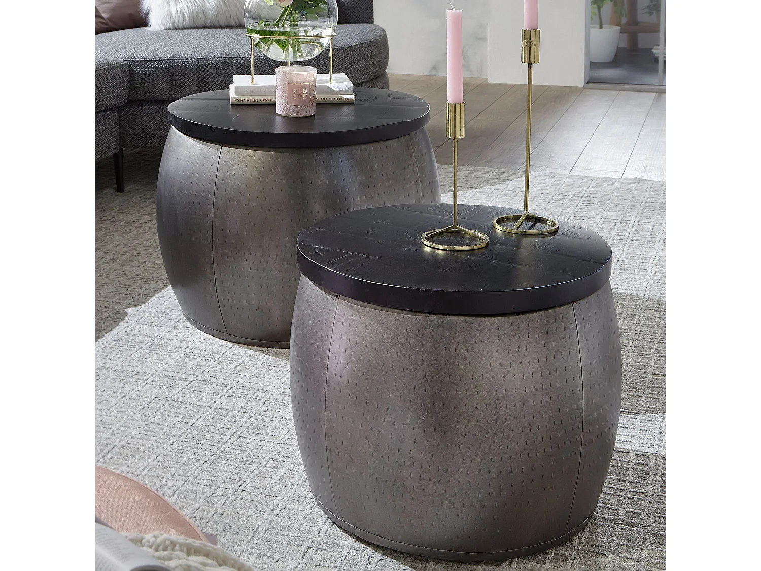 basse design set de 2 Tables gigognes en bois massif Mango rondes argent | Table de salon en