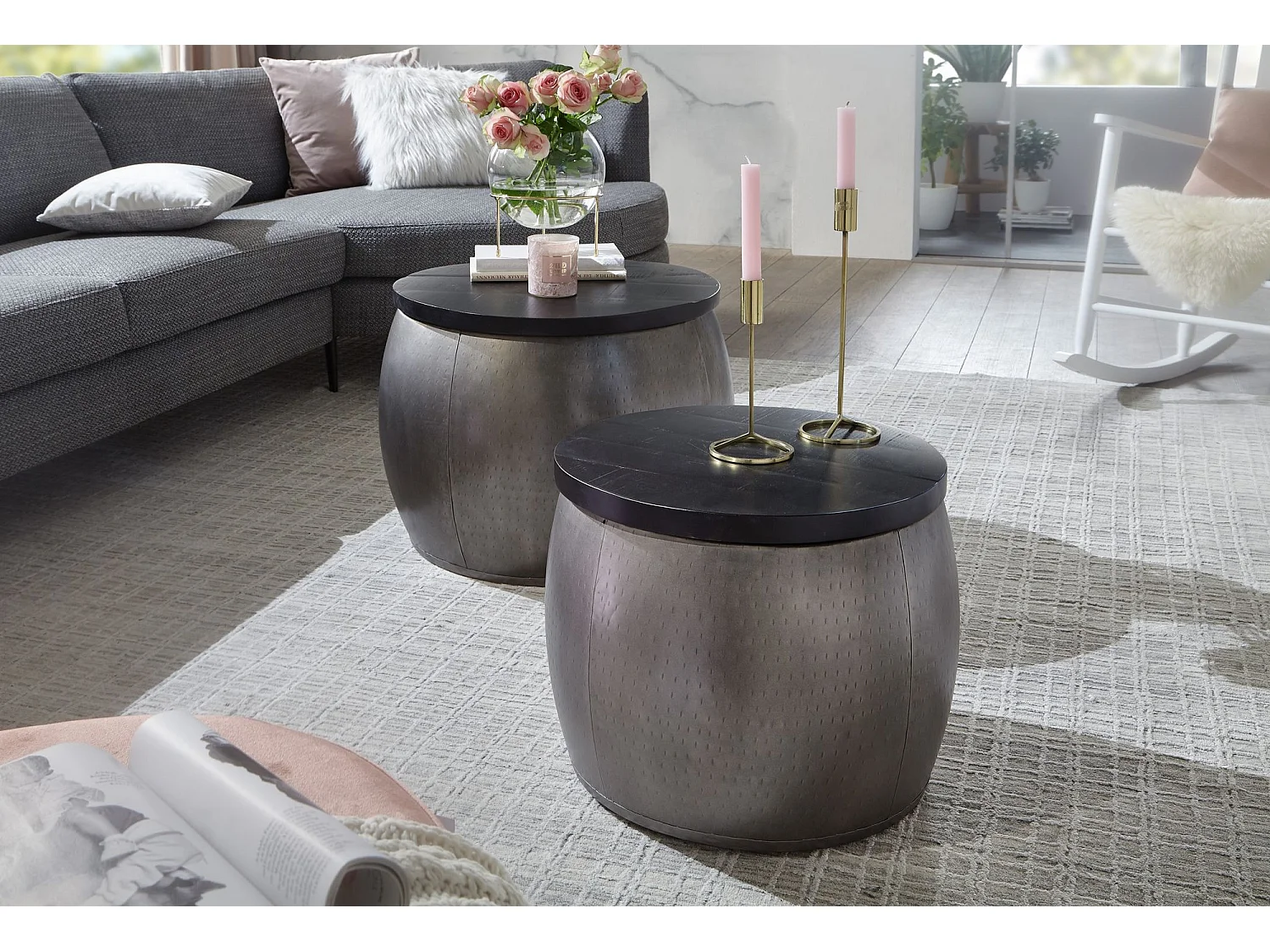 basse design set de 2 Tables gigognes en bois massif Mango rondes argent | Table de salon en