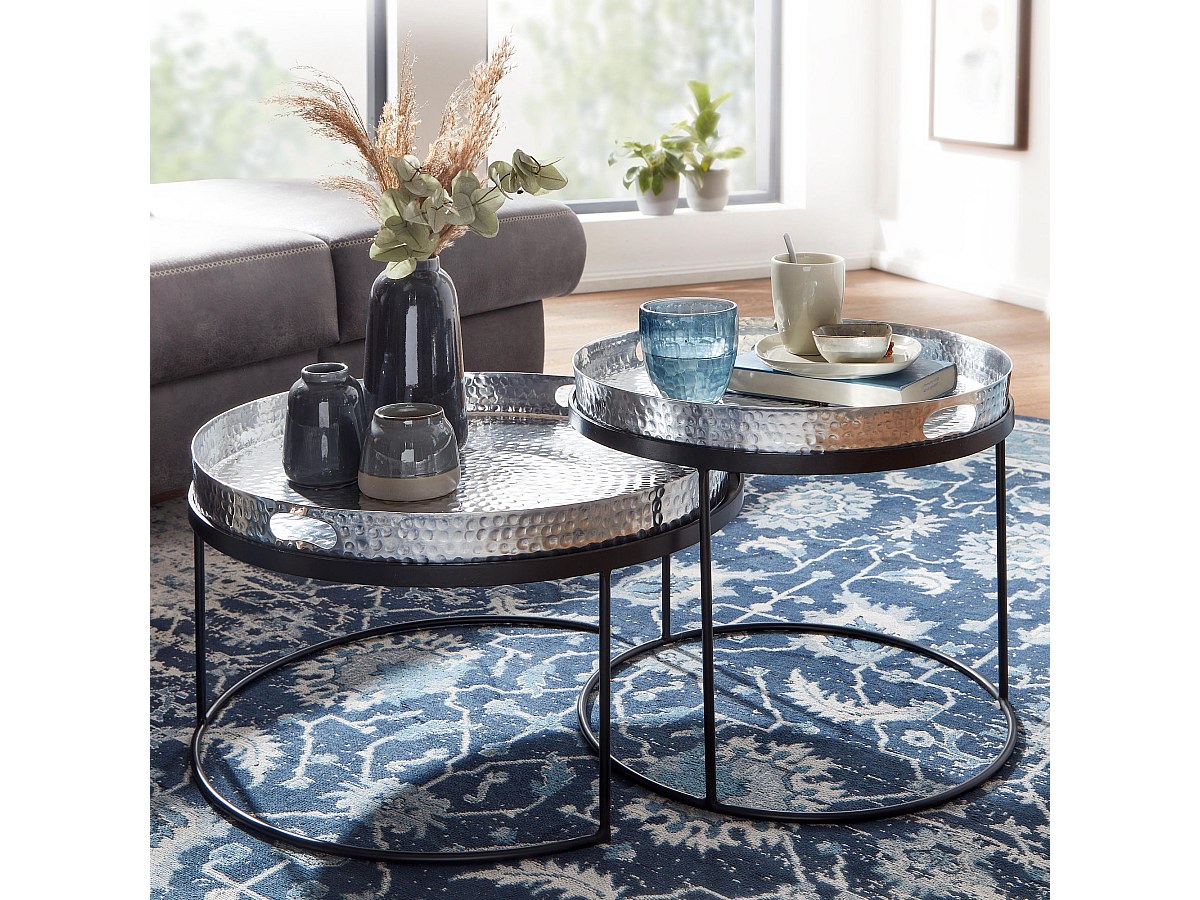 table basse lot de 2 tables gigognes rondes en métal martelé argenté / noir | Table basse plateau