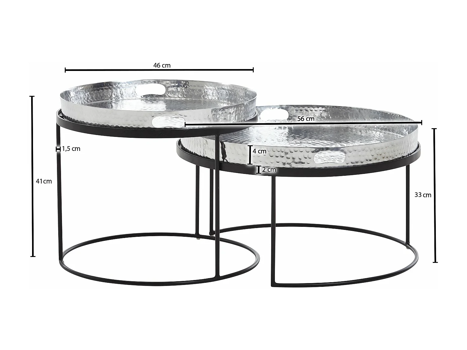juego de mesa de centro de 2 plata / metal negro acabado martillado mesa anidada redonda