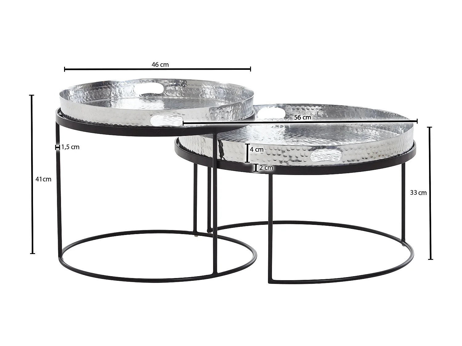 table basse lot de 2 tables gigognes rondes en métal martelé argenté / noir | Table basse plateau