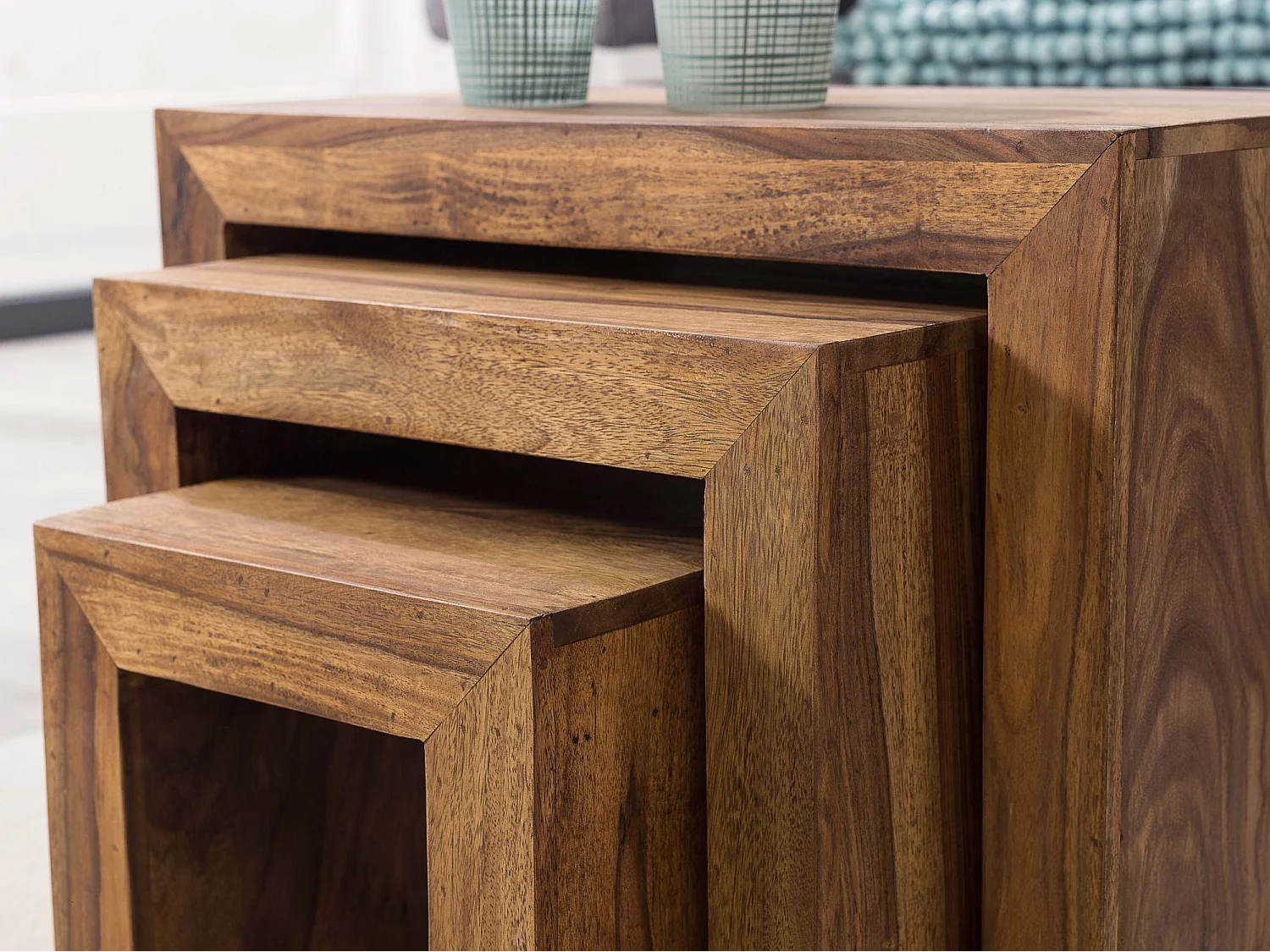 ensemble de 3 tables gigognes solide en bois Sheesham salon table d'appoint de style campagnard de