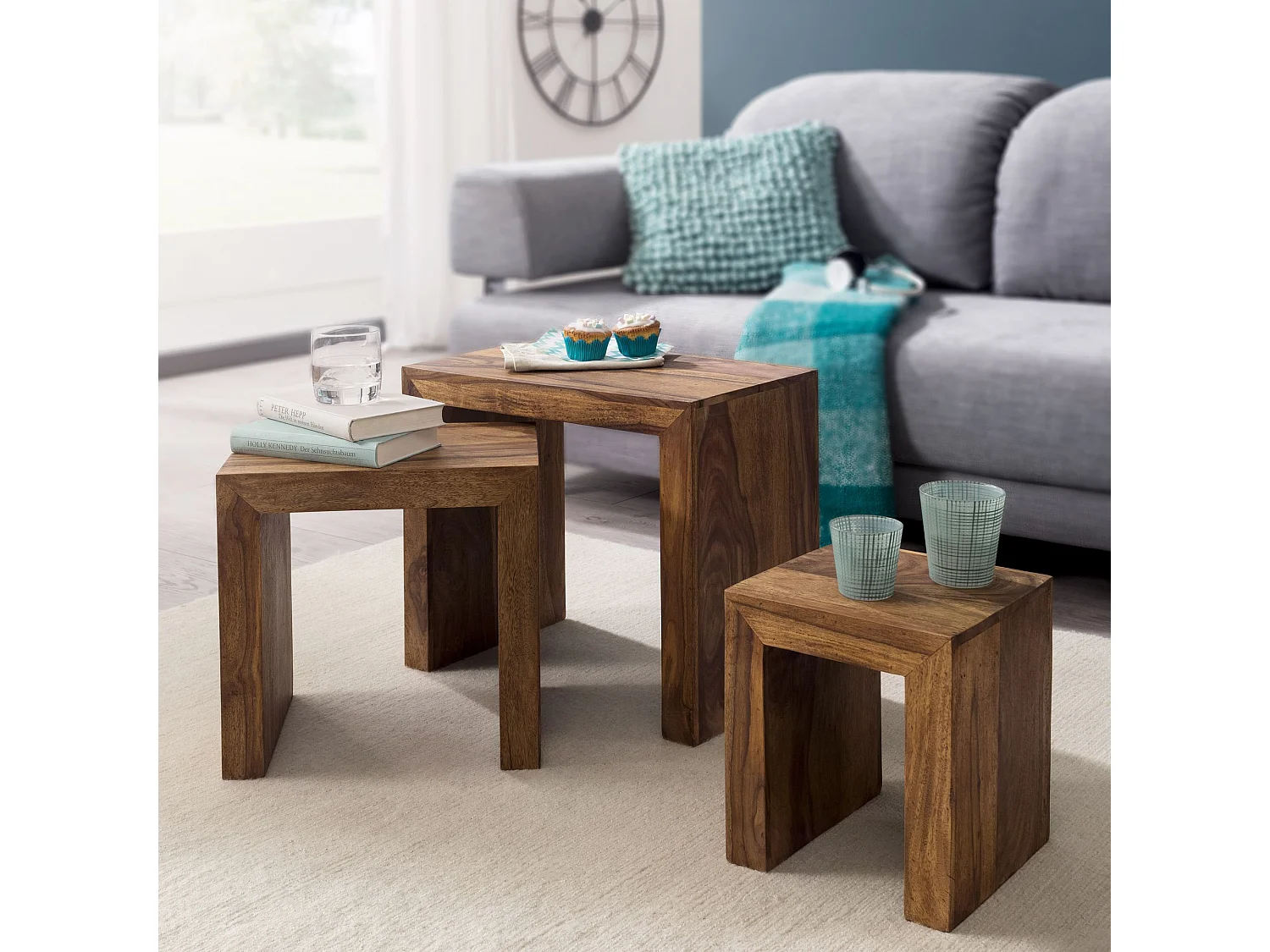set di 3 tavolini impilabili in legno massello Sheesham
