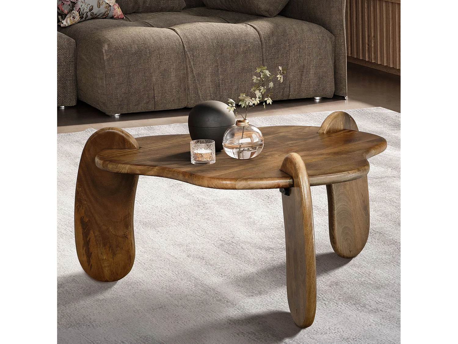 Couchtisch 78x78x39,5 cm Mango Massivholz Walnussfarben Sofatisch Niedrig, Dreibein