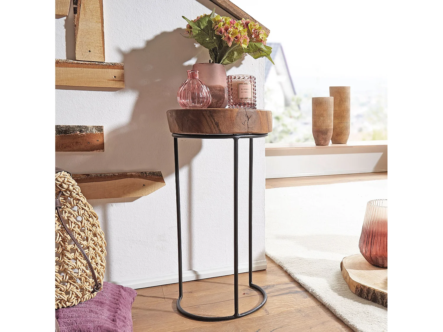 table d'appoint AKOLA bois massif Sheesham table de salon pieds en métal style maison de campagne