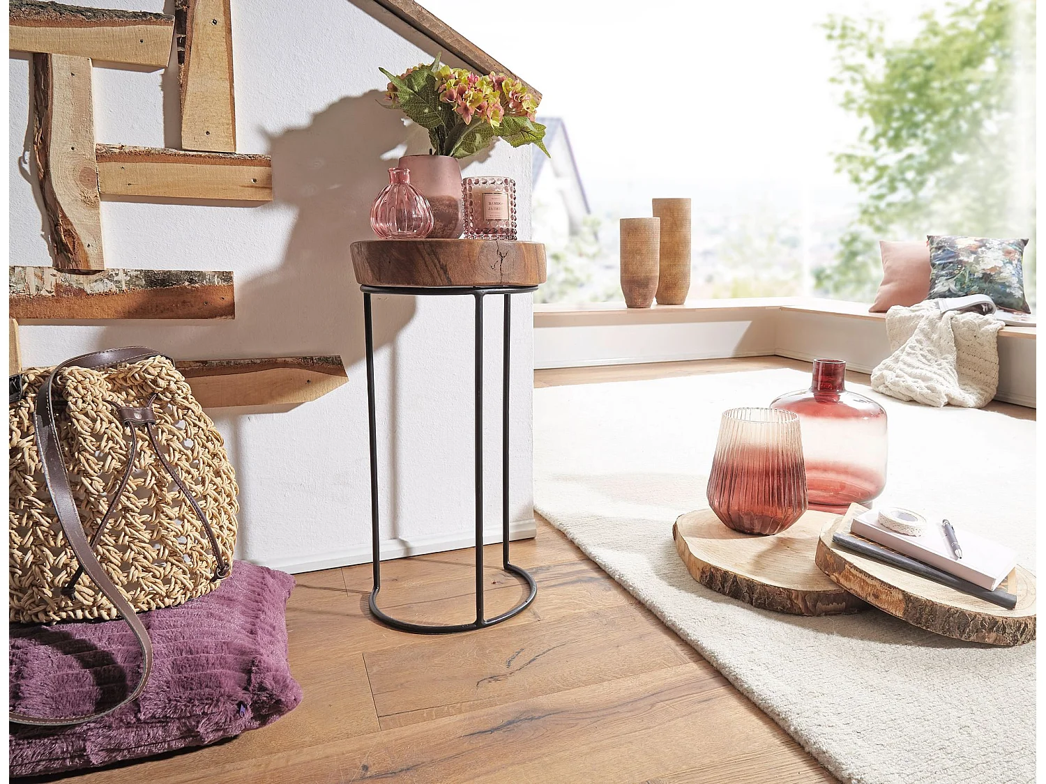 table d'appoint AKOLA bois massif Sheesham table de salon pieds en métal style maison de campagne