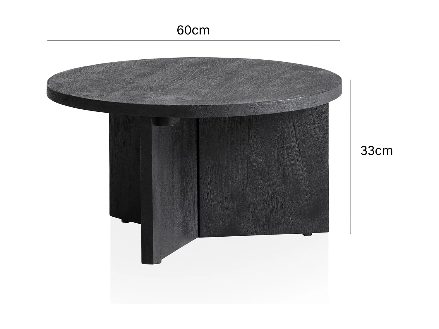 salontafel 60x60x33 cm mango massief hout zwarte salontafel rond, design woonkamertafel driepoot, salontafel woonkamer laag modern met natuurlijke houtnerf