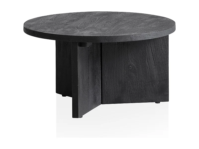 salontafel 60x60x33 cm mango massief hout zwarte salontafel rond, design woonkamertafel driepoot, salontafel woonkamer laag modern met natuurlijke houtnerf