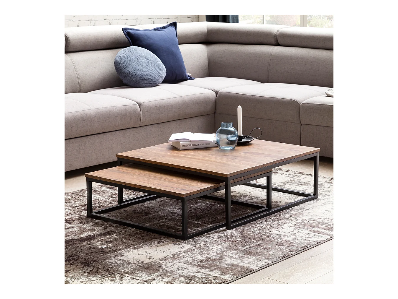 table basse Akola bois massif 2 pièces 75 x 75 x 27 cm | Table basse design en bois Sheesham | Living Table de salon en bois de rose massif avec pieds en métal