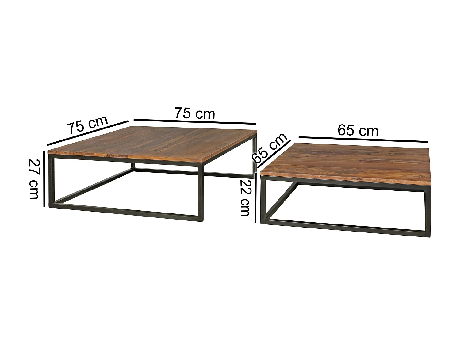 Couchtisch AKOLA 2-teilig Massivholz 75 x 75 x 27 cm, Design Wohnzimmertisch Sheesham Holz, Wohnzimmer Lounge Tisch Massiv mit Metall Beinen