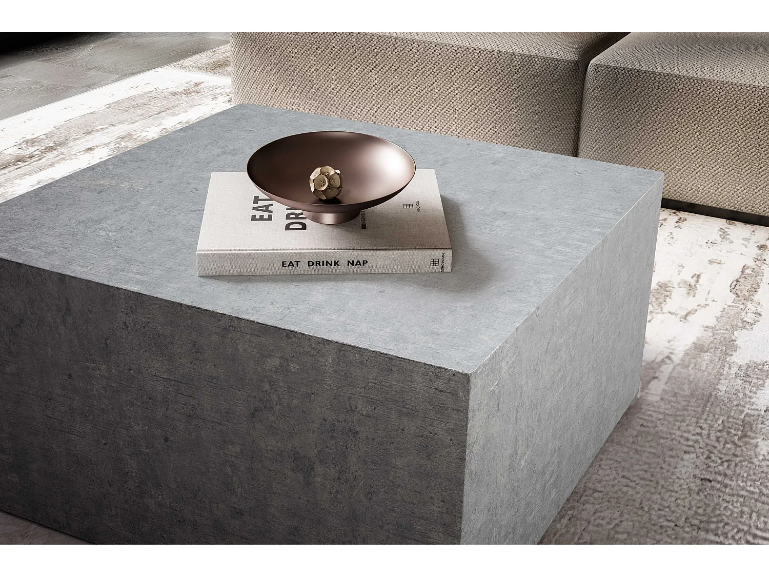 Table Basse de Salon MONOBLOC Aspect 60x60x30 cm Béton Gris, Table de Canapé Cube Carré, Design