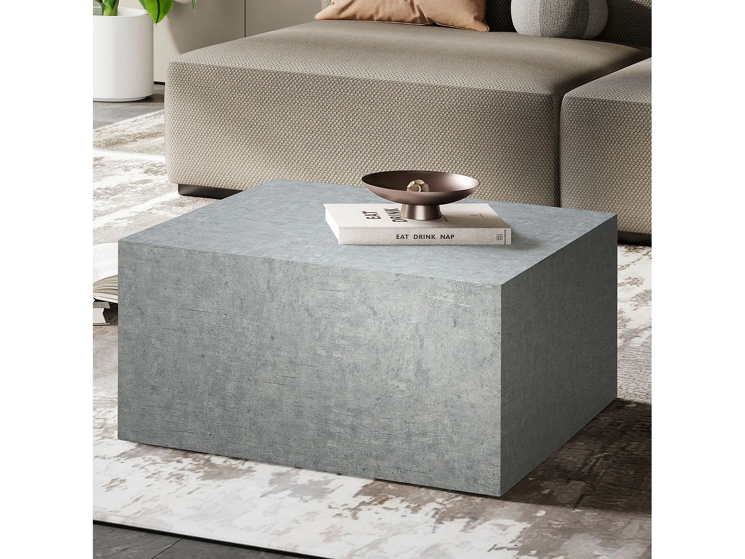 Couchtisch MONOBLOC 60x60x30 cm in Beton-Optik Grau, Design Wohnzimmertisch Cube Quadratisch,