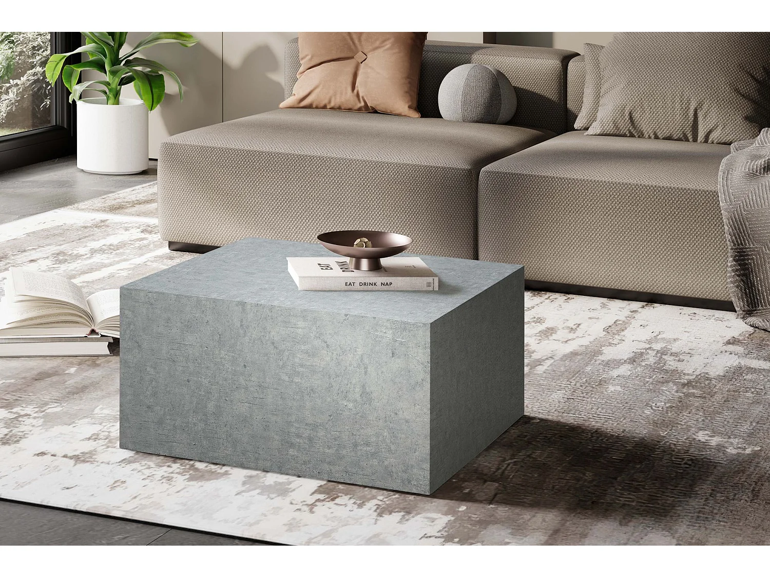 Couchtisch MONOBLOC 60x60x30 cm in Beton-Optik Grau, Design Wohnzimmertisch Cube Quadratisch,