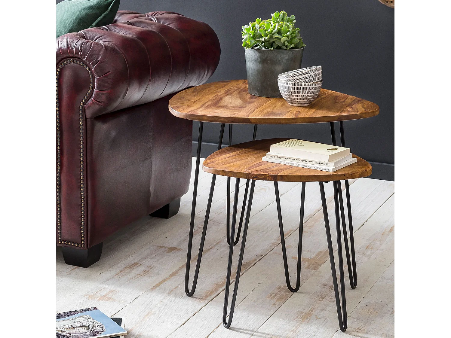 Design Satztisch WL5.659 Sheesham Metall Beistelltisch 2er Set Klein, Couchtisch Set 2 Holz