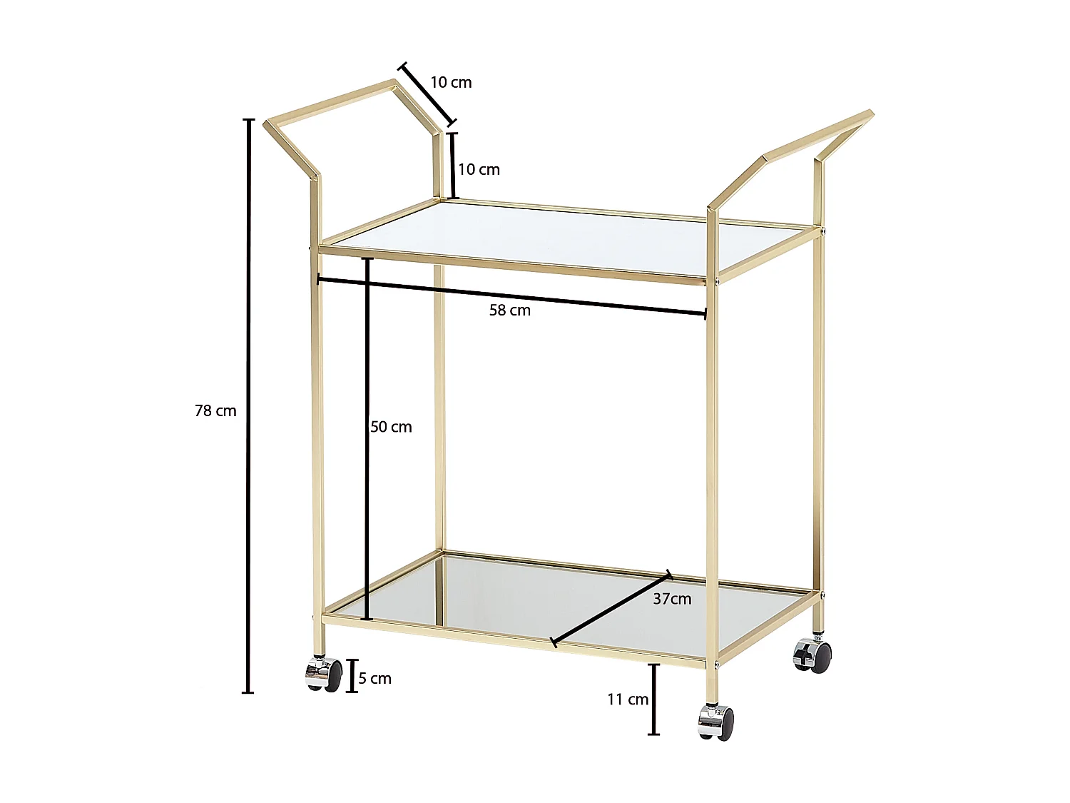 design serveerwagen goud 73x78x37 cm keukenwagen glas/metaal | Mobiele bijzettafel | Restauratiewagen met glazen blad | Minibar theewagen op 4 wielen
