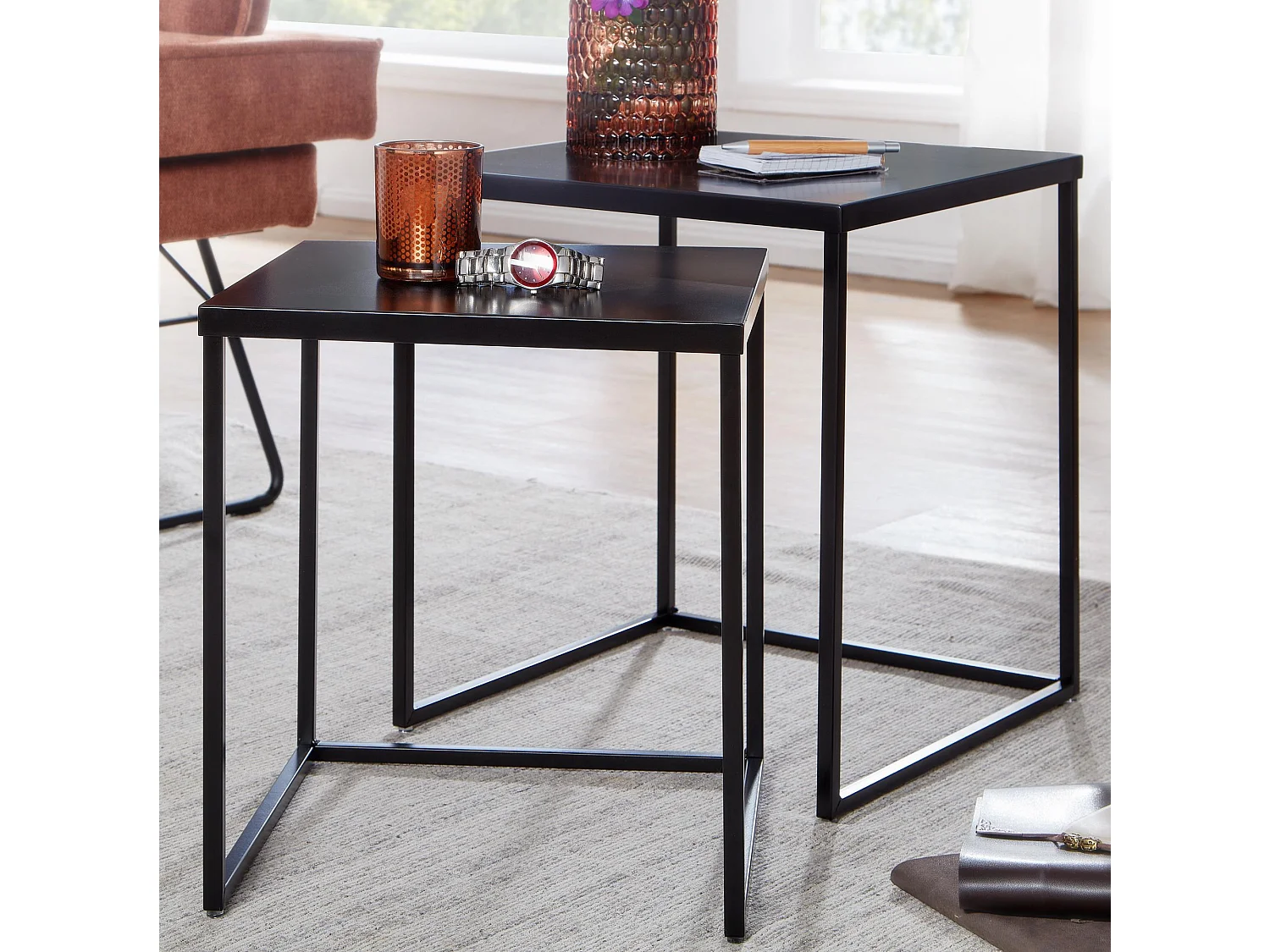 Tafel Set Metaal Salontafel set van 2 Vierkant Zwart