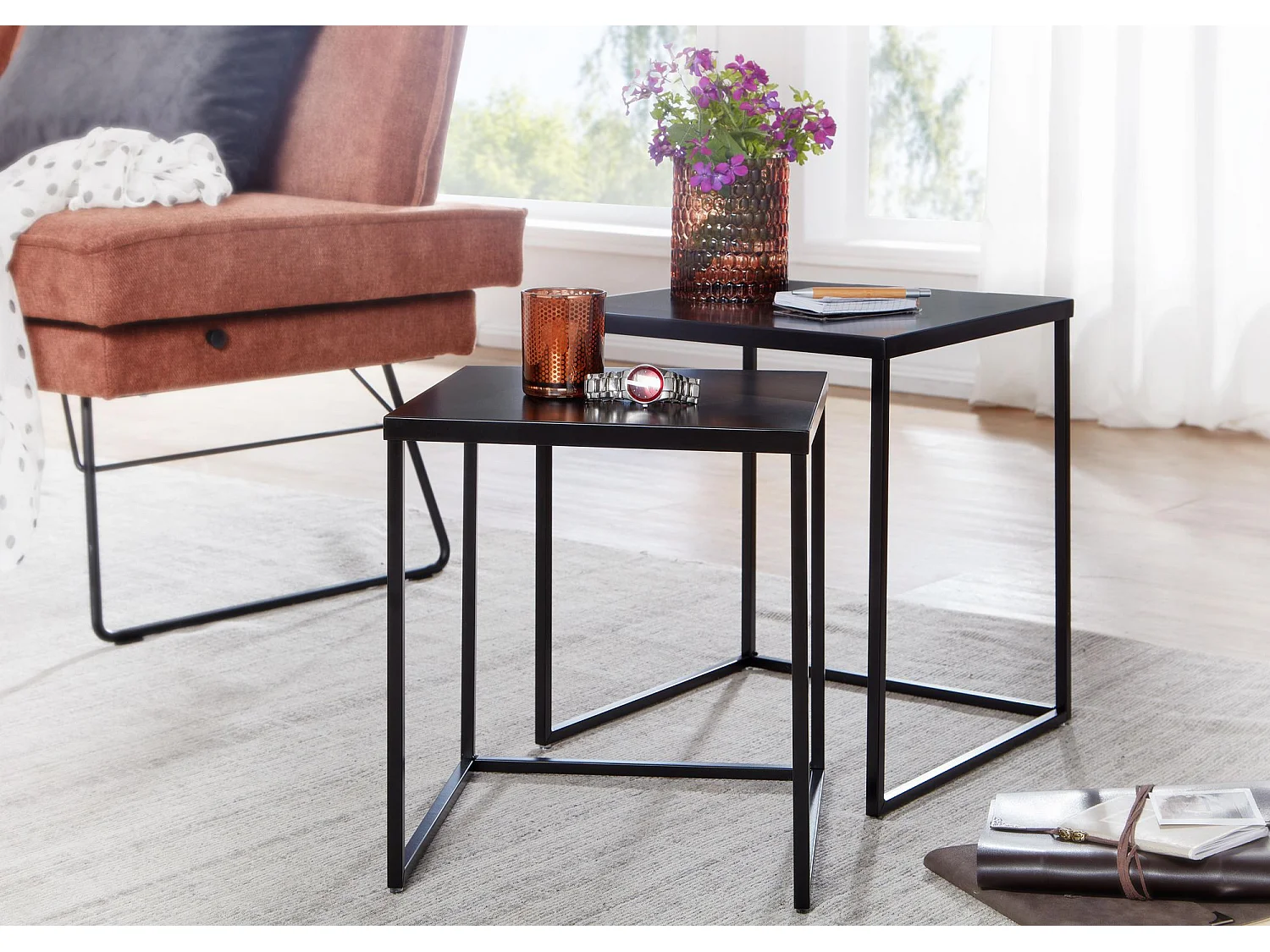 Tafel Set Metaal Salontafel set van 2 Vierkant Zwart
