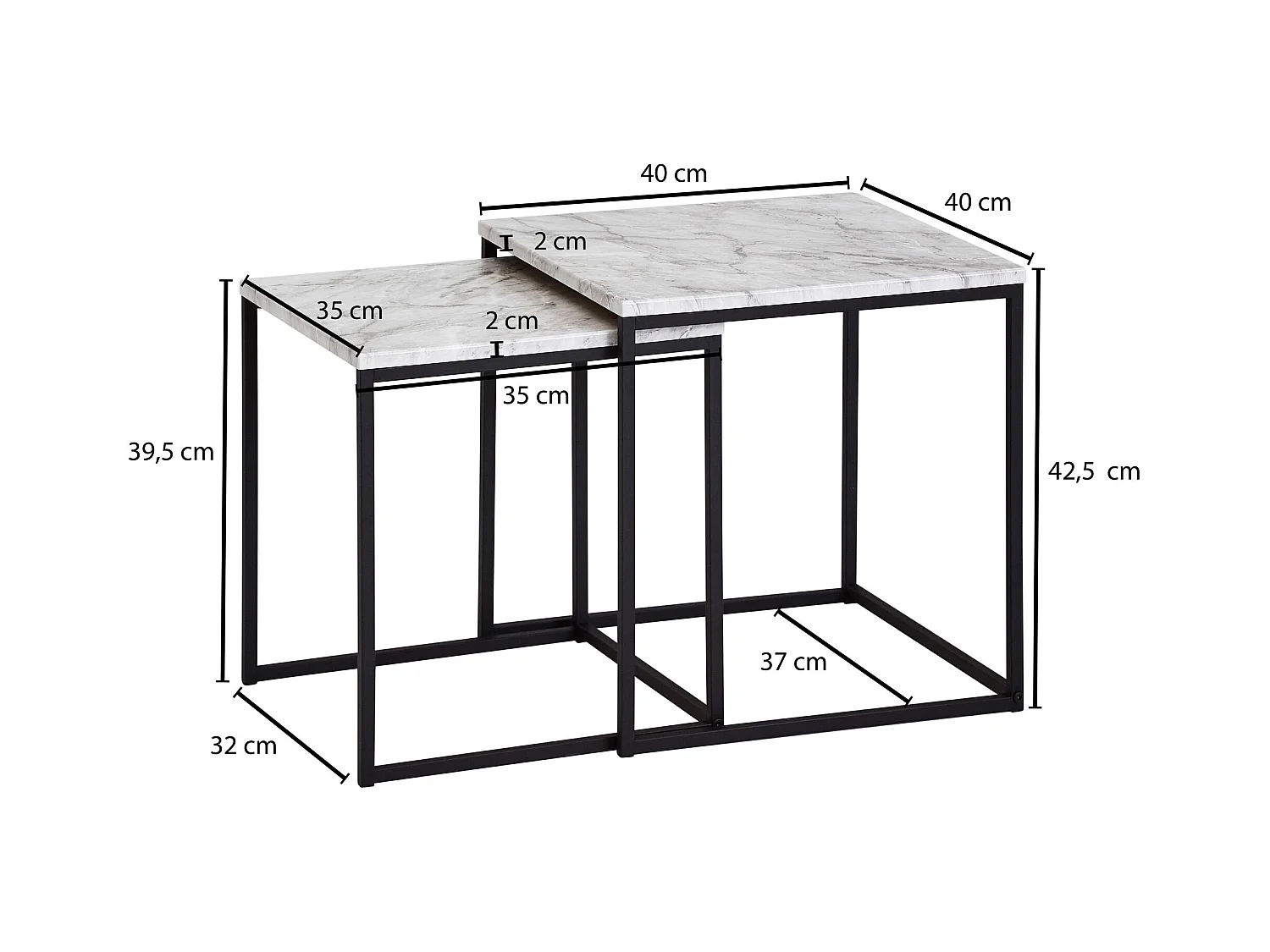 design  set de 2 aspect marbre blanc | Table basse 2 parties structure de table noir | Petites tables de salon Tables gigognes modernes