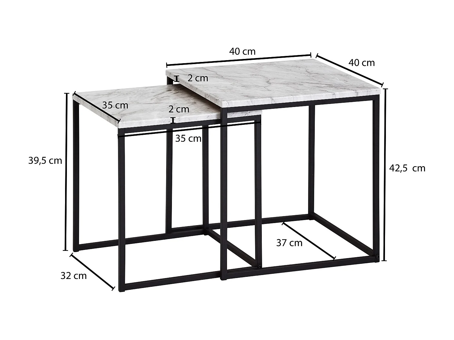 design set de 2 aspect marbre blanc | Table basse 2 parties structure de table noir | Petites