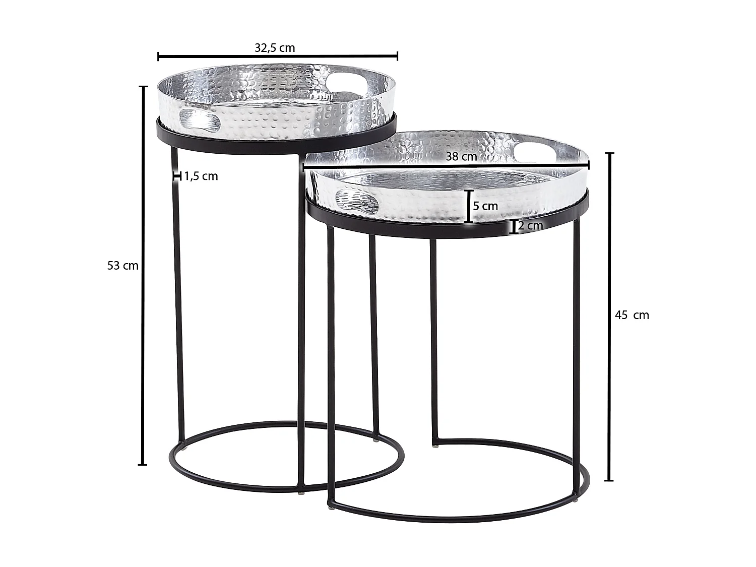 bijzettafel set van 2 zilver/zwart metaal hamerslag bijzettafel rond | salontafel uitneembaar blad | Dienbladtafel bank 2 stuks modern | Ronde salontafel