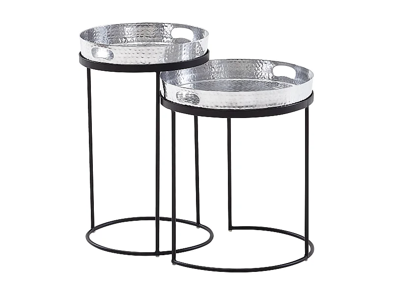bijzettafel set van 2 zilver/zwart metaal hamerslag bijzettafel rond | salontafel uitneembaar blad | Dienbladtafel bank 2 stuks modern | Ronde salontafel