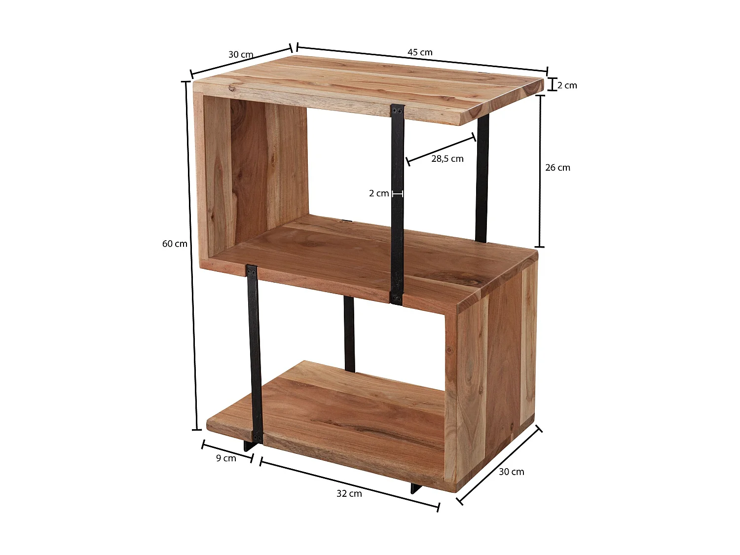 bijzettafel S-vorm 45x60x30cm acacia metaal  tafel | Kleine tafel woonkamer industriële Houten tafel met metalen poten Decoratief tafelhout
